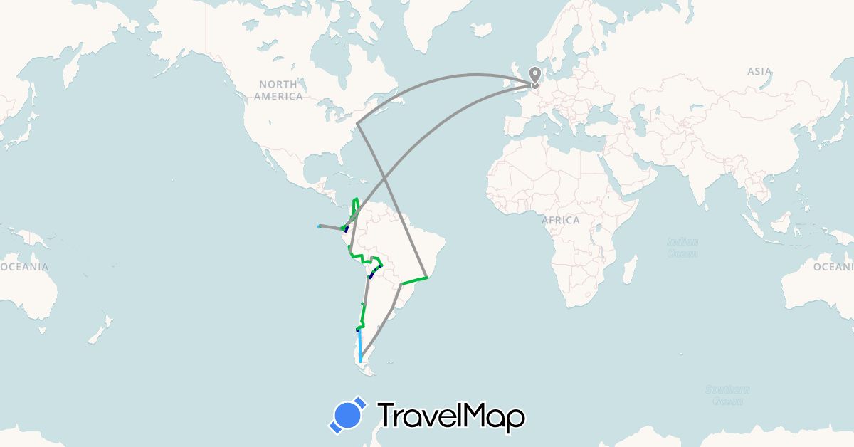 TravelMap itinerary: driving, bus, plane, boat in Argentina, Bolivia, Brazil, Chile, Colombia, Ecuador, Netherlands, Peru, United States (Europe, North America, South America)
